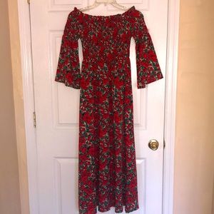 SHEIN Floral Red Shirred Dress with Green Leaf Print
